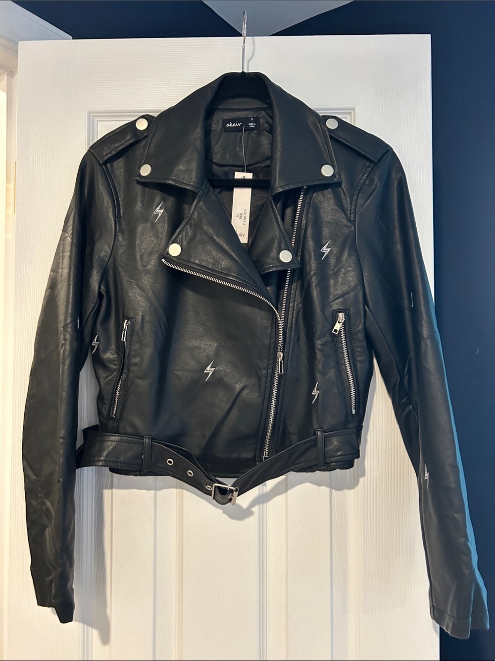Black Faux Leather Moto Jacket with Lightning Bolt Embroidery